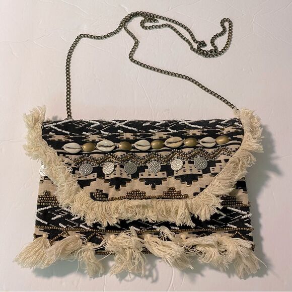 Express Boho Beaded Crossbody Envelope Bag Purse Fringe Seashells medallion - Picture 1 of 10